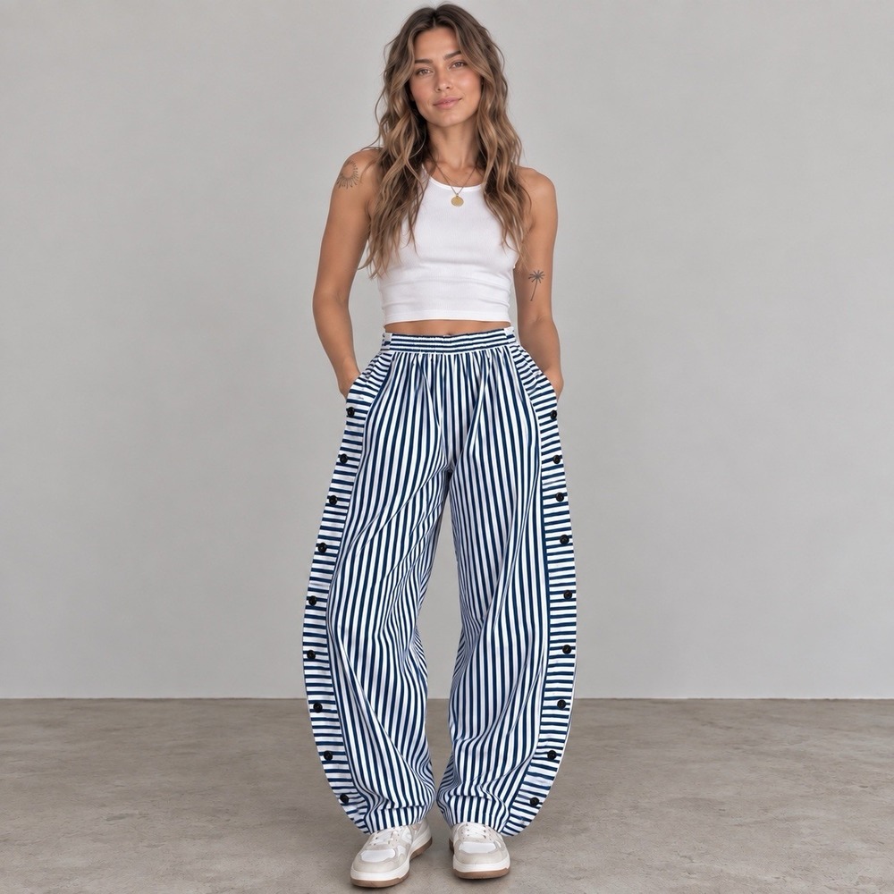 ZOLUCKY S Striped Barrel Leg Pants Blue White Snap Side Coastal Artsy Boho